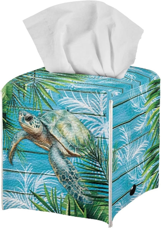 Sea Turtle Tissue Box Cover Waterproof Square PU Leather Facial Tissue Box Holder for Dresser Bathroom Decor Foldable Easy to Storage or Take