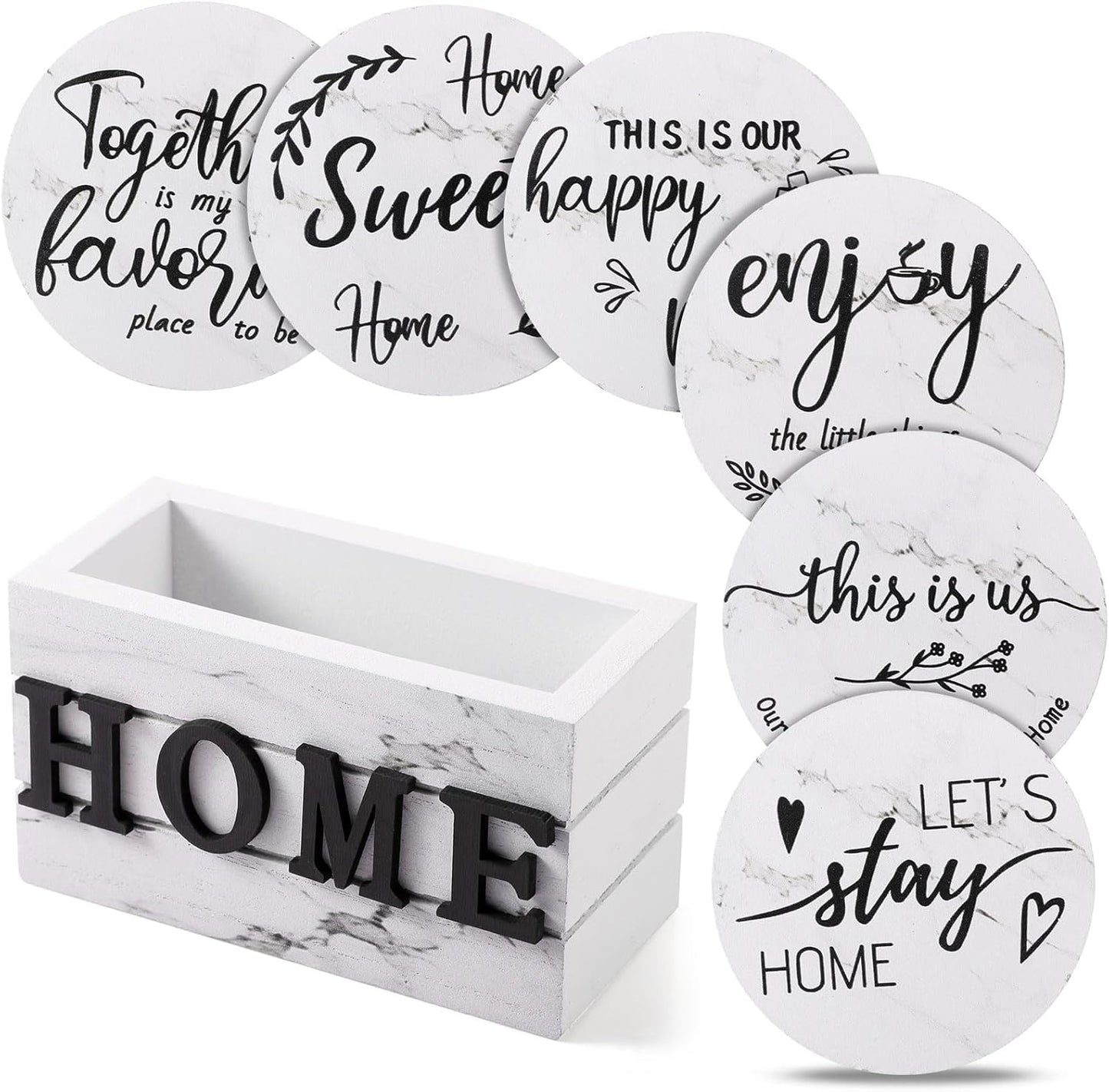Queekay Housewarming Gifts for Home Decoration Wooden Heart Coasters for Drinks 6 Set Farmhouse Coasters with Holder Funny for Family Coffee Table Protection, 4''(White Marble)