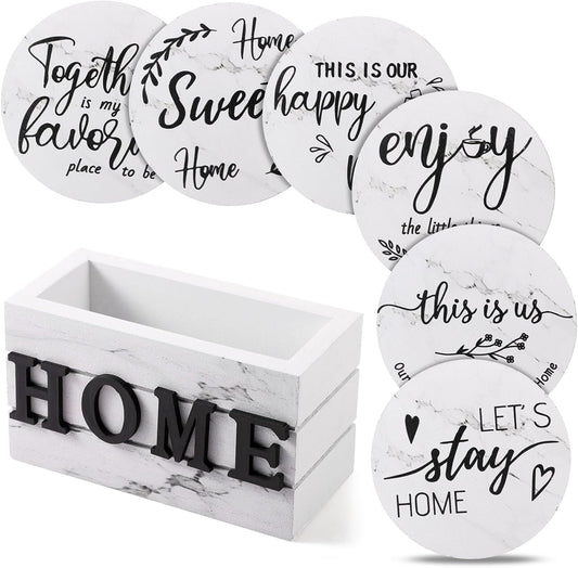 Queekay Housewarming Gifts for Home Decoration Wooden Heart Coasters for Drinks 6 Set Farmhouse Coasters with Holder Funny for Family Coffee Table Protection, 4''(White Marble)