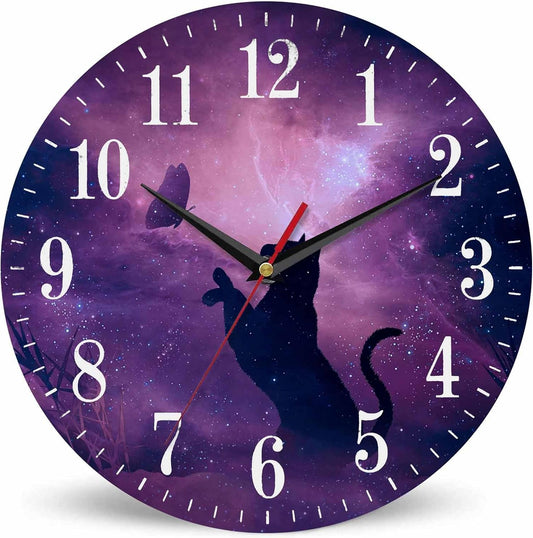 Mxocom Cat Silhouette Wall Clock Butterfly Starry Sky Galaxy Stars Shine Beautiful Night 10 Inch Silent Non Ticking Battery Operated Clock Vintage Round Clock for Living Room Bedroom Bathroom Decor