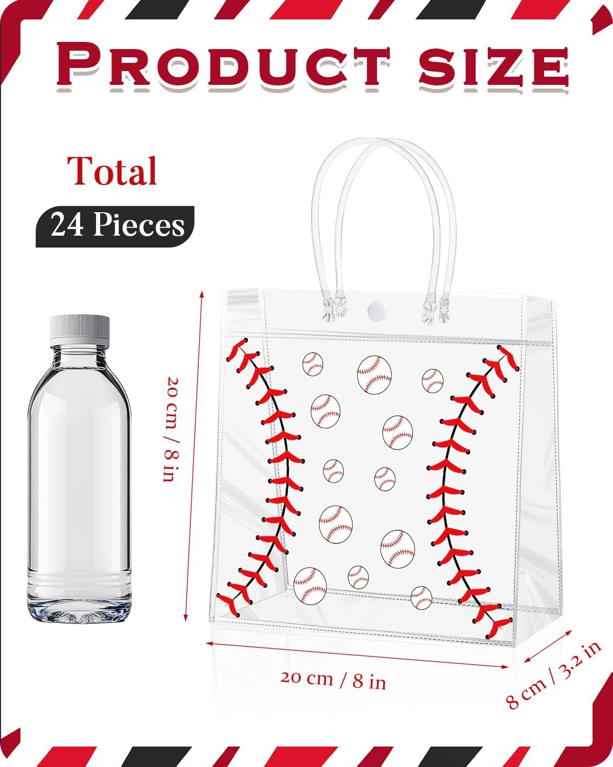 24 Pieces Baseball Clear PVC Gift Bag with Handles Transparent Baseball Treat Goodie Bags 8 x 8 x 3.2Inch Sport Theme Party Favor Bag for Birthday Holiday Sports Team (baseball)