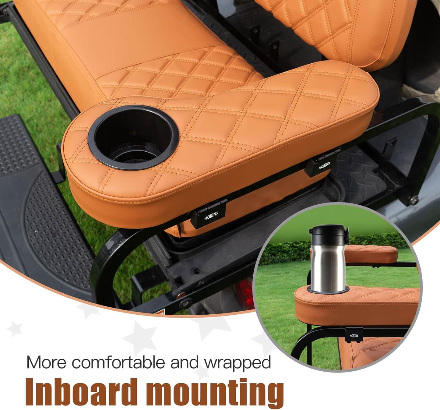 NOKINS Golf Cart Diamond Flip Armrest with Cup Holder, No Drilling Required, Golf Cart Folding Hinged Armrest, Inward Mount, for Club Car EzGo Yamaha Back Seat Kit