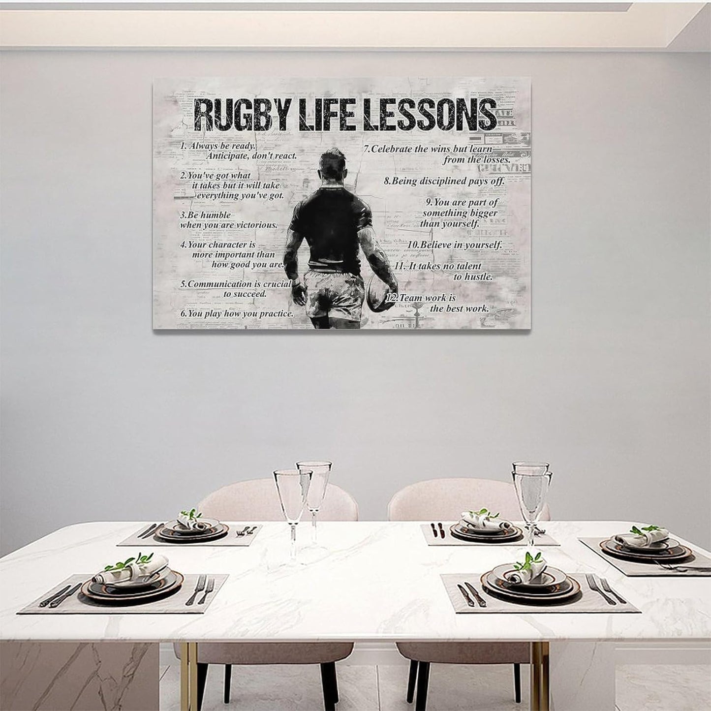 Rugby Life Lessons Wall Art Rugby Sports Wall Decor Rugby Sign Retro Poster Boy Men Motivational Decorations Canvas Print Painting Artwork for Bedroom Bathroom Living Room Gym 24"x16"