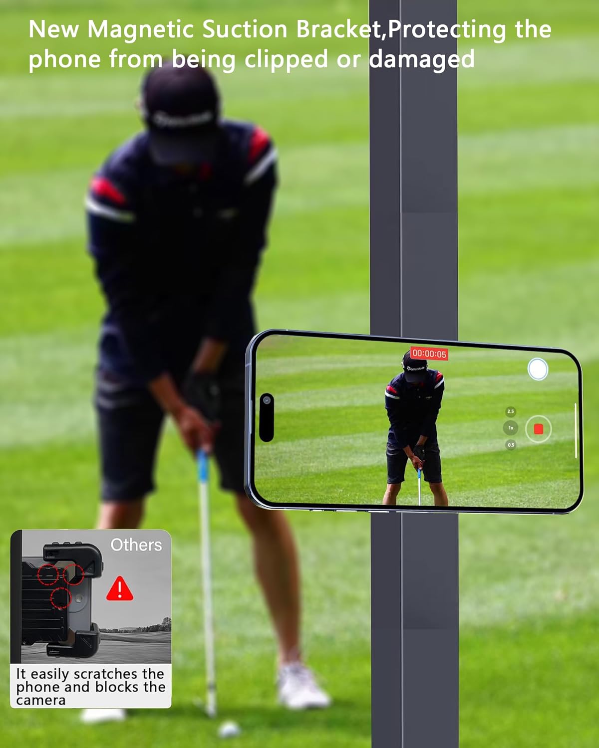 Magnetic Golf Cart Phone Holder：360 ° Rotatable Anti Shake Alloy Phone Mount Compatible with Mag-Safe iPhone 16-12 - Golf Cart Accessories Suitable for EZGO, Club Car, Yamaha, Icon