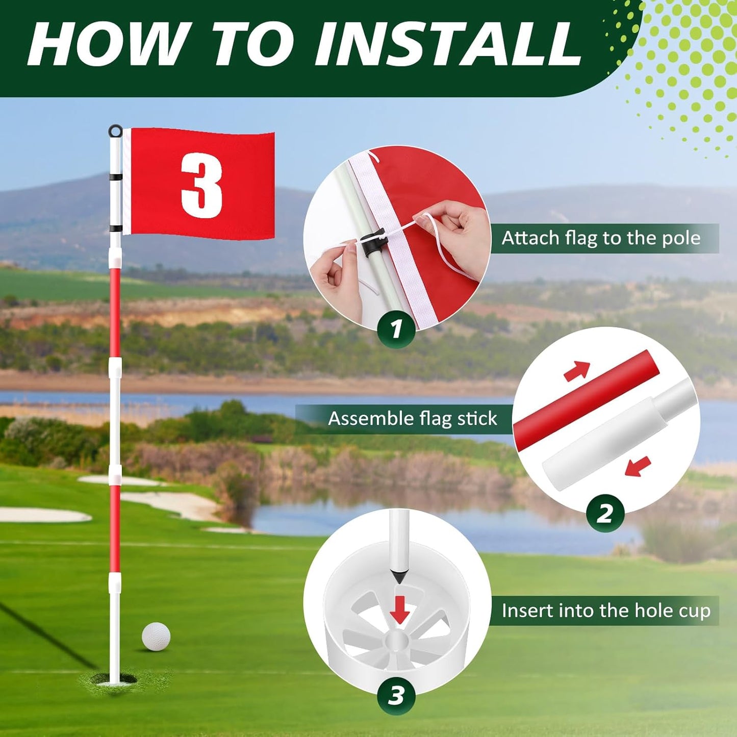 Golf Flagstick 6ft, Golf Pin Flag Hole Cup Set Putting Green Flags and Poles Numbered Golf Flags for Driving Range Backyard, Portable 5 Section Design for Golf Practice, Gift Idea