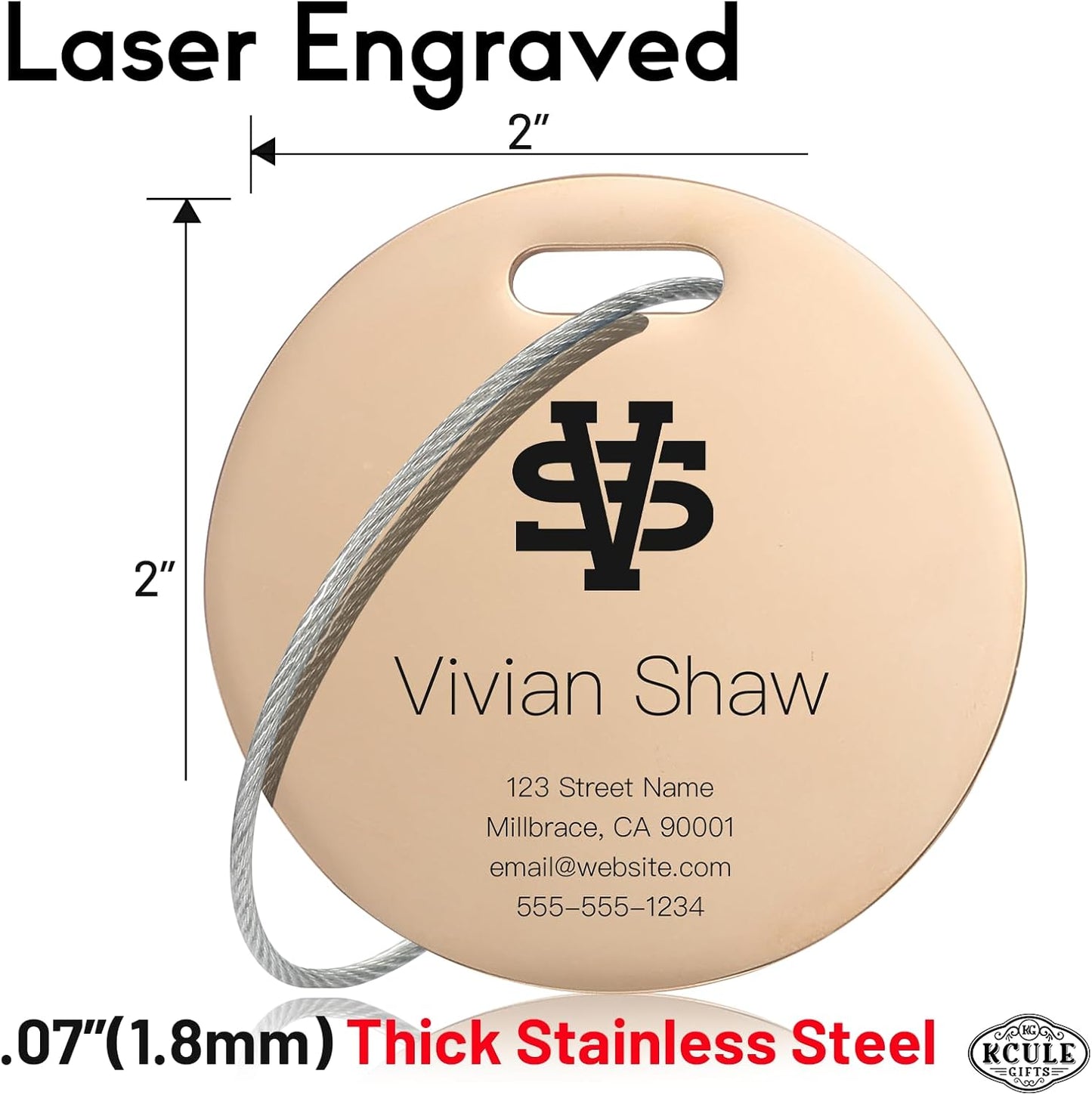 Personalized Luggage Tags for Suitcases - Stainless Steel Custom Luggage Tags for Backpacks & Bags, Sturdy, Waterproof & Heavy Duty (Rose Gold/Round)