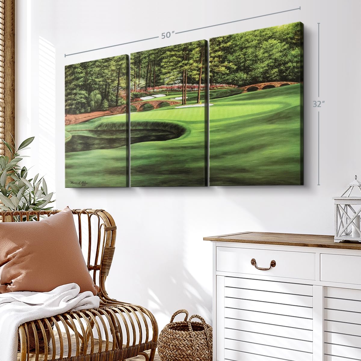 ElephantStock Augusta National 11th Hole I Wall Art - Horizontal Canvas - 3-Piece Living Room Wall Decor - Painting Sports Canvas Print - Green and Brown Decor for Wall by Marci Rule - 50" X 32"