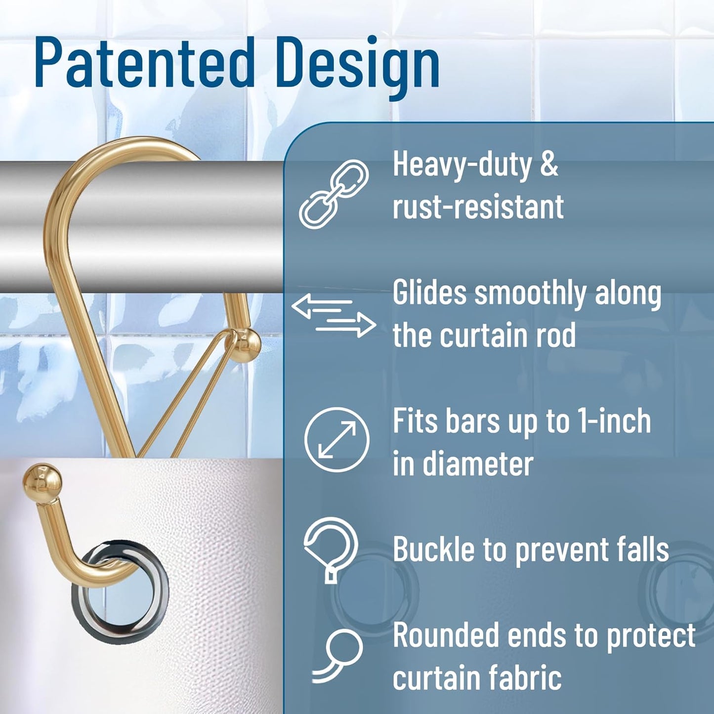 12 Decorative Metal Shower Curtain Hooks, S-Shaped Hooks with Anti-Fall System, Rust-Proof Shower Rings with Safety Buckle, Fits Rods Up to 1-Inch Diameter (S, Gold)