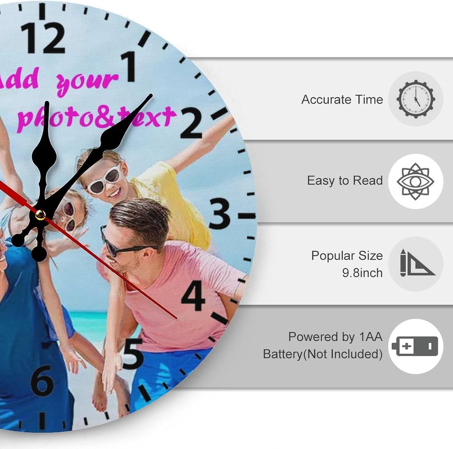 Custom Wall Clock,Personalized Wood Clock add Your Photo/Text,Customizable Silent Round Decoration for Kitchen Bathroom 13.4inch style1