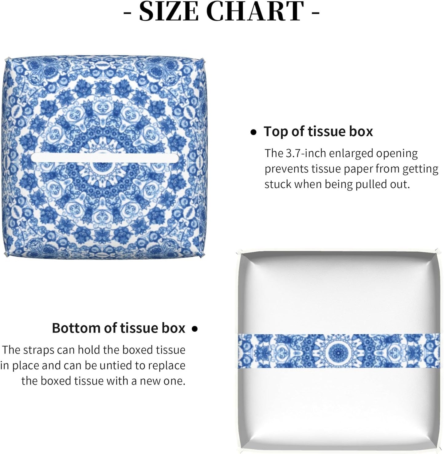 Boho Mandala Flower Tissue Box Cover Square, Blue and White Porcelain Floral Tissue Box Holder Waterproof Leather Facial Paper Organizer Dispenser for Bathroom Home Car Nightstand Vanity Desk