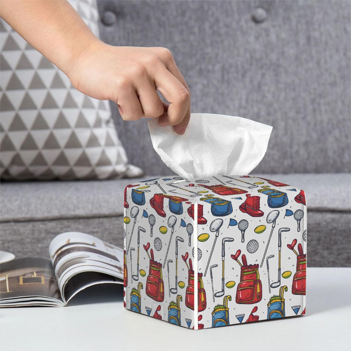 Square Leather Tissue Box Cover, Waterproof Napkin Dispenser with Golf Balls Print, Tissue Holder for Bathroom, Living Room, Bedroom, Office, and Car Decor