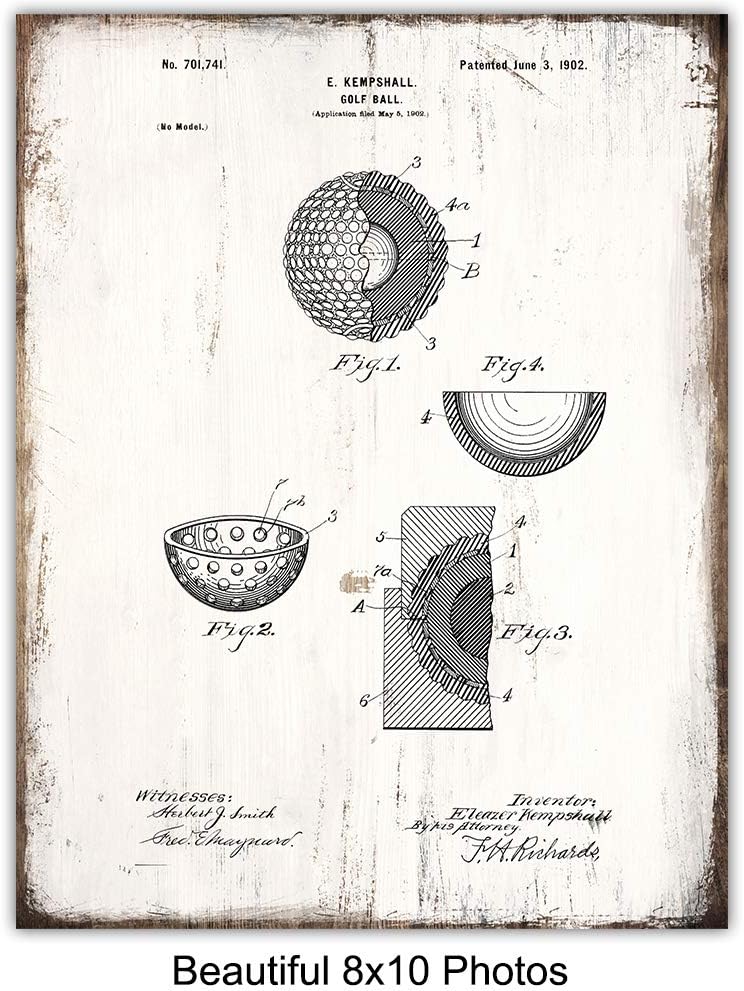 Golf Balls, Clubs, Tees, Bags Patent Print Wall Art - Rustic Room Decor for Office, Man Cave, Den, Living Room - Gift for Men, Teens, Guys, Golfing Sports Fan, Golfer - Sign Print Photo Plaque Set