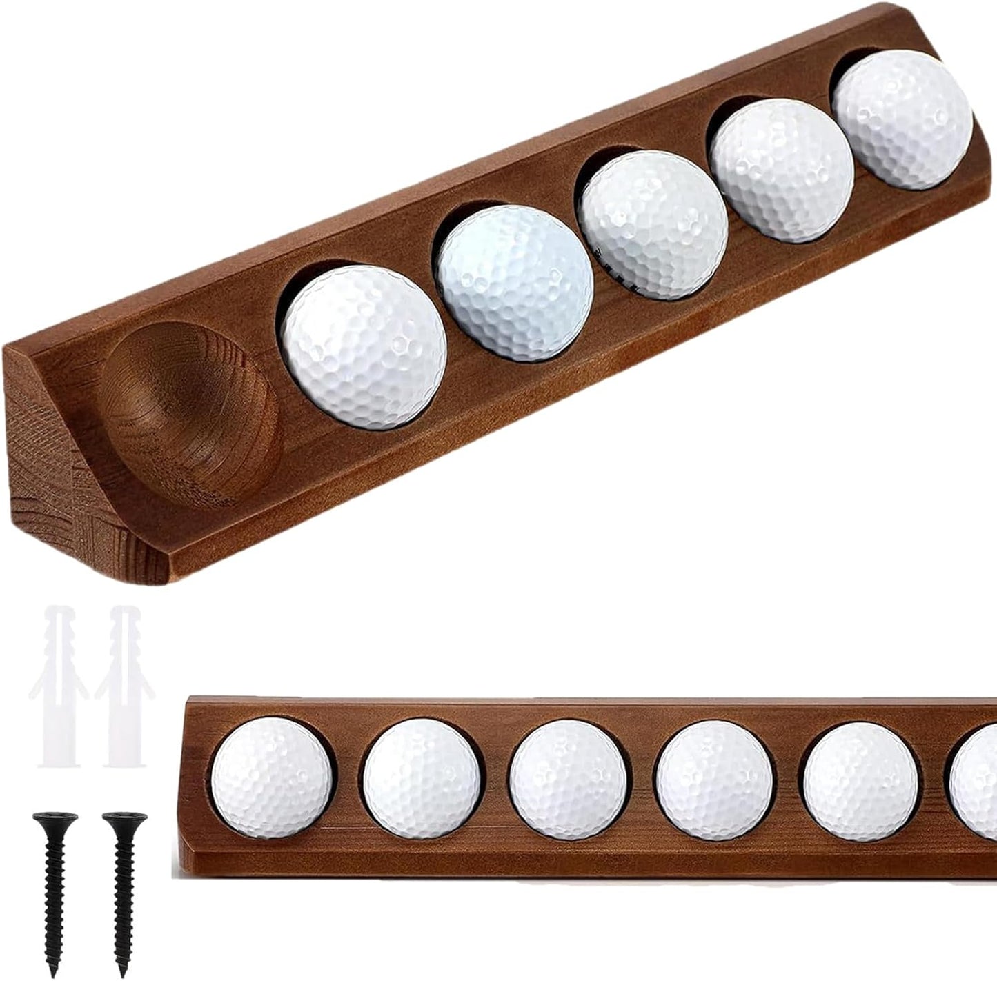 Wooden Golf Ball Display Case 1 Pack, Golf Ball Holder Display with Wall Mount & Tabletop Stand - Displays 6 Standard Size Golf Balls, Golf Accessories Gift for Men (Walnut Color)