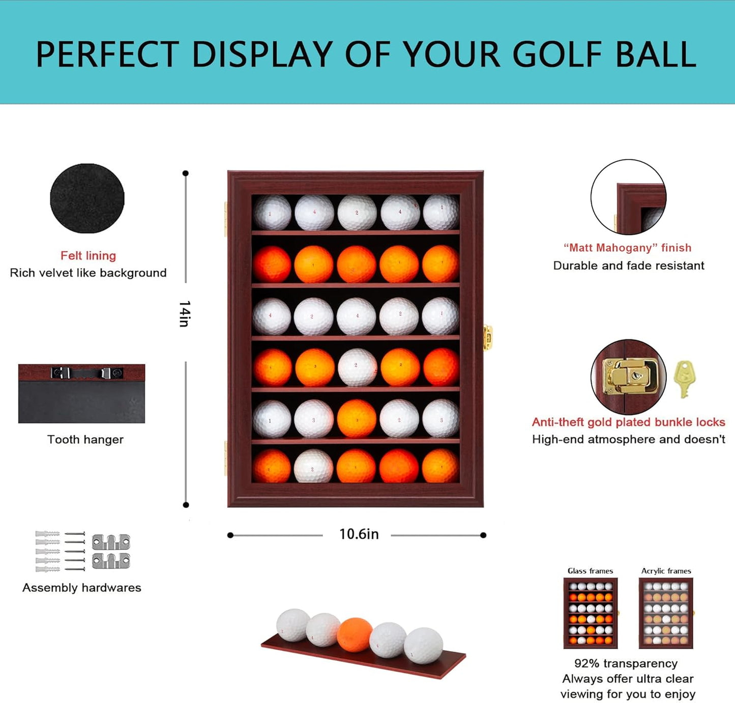 KCRasan Golf Ball Display Case - Wall Mounted Holder with Glass Door, Ideal Gift for Golf Enthusiasts