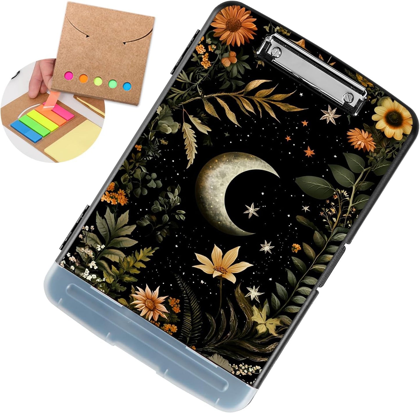 Clipboard with Storage - Large Capacity,Nursing Clipboard with Pen Holder,Heavy Duty,Plastic Side-Opening Folder for Teacher,Nurse - Moon and Flowers