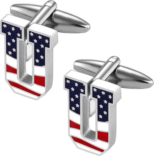 AMITER Initial Cufflinks for Men, American Flag Pattern Cuff Links Men's Shirt Studs Suit Accessories Gift