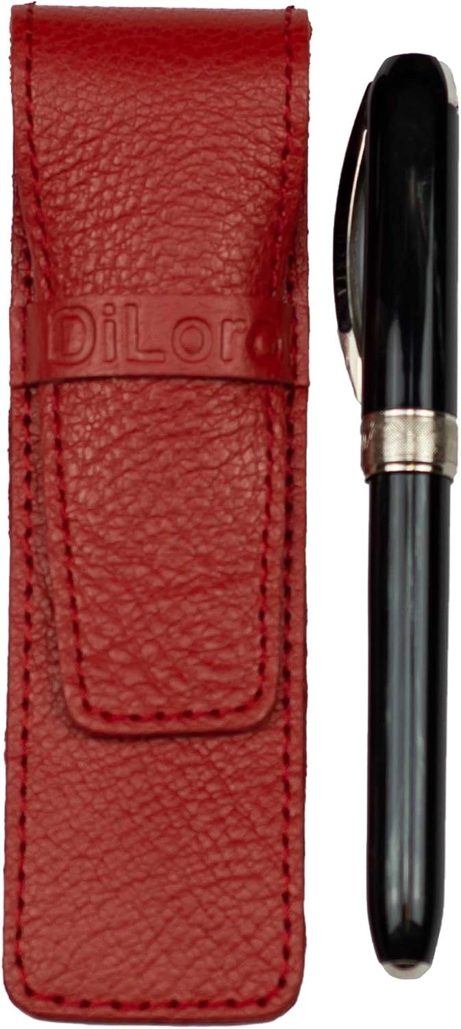 DiLoro Full Grain Genuine Leather Single Pen Case Holder Pencil Pouch (Buffalo Venetian Red)