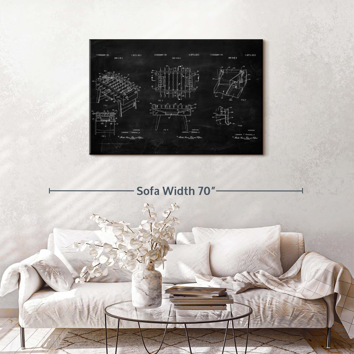 ElephantStock Soccer Table BW Patent Wall Art - Horizontal Wrapped Canvas - 1-Piece Living Room Wall Decor - Soccer Digital Art Canvas Print - Black and White Decor - 48" X 32"
