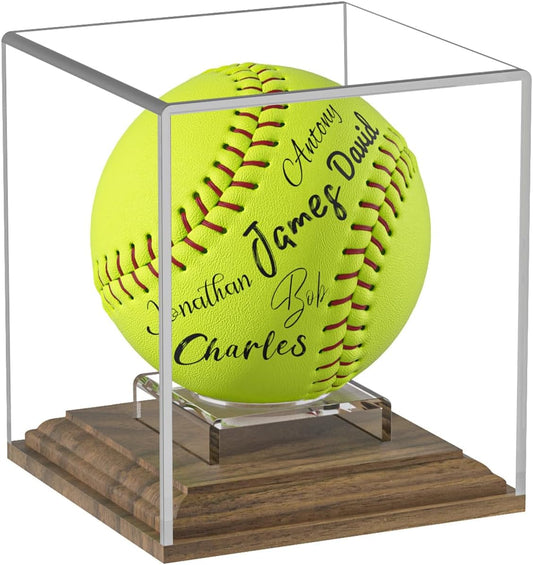 Softball Display Case Walnut Wood Base Acrylic Softball Case Display Softball Holder Stand Cube Memorabilia Showcase Autograph Ball Protector for Official Size Ball Display