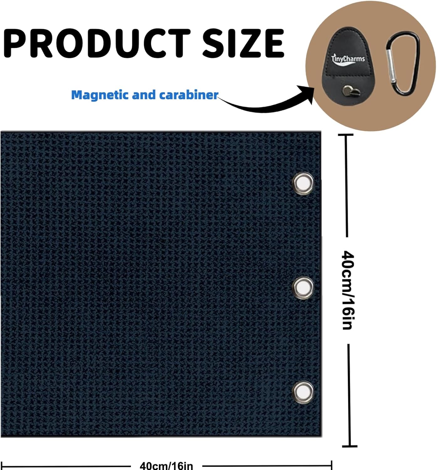 Magnetic Golf Towel, 16"x16" Black Microfiber, Strong Magnet & 3 Grommet Design, Carabiner Hook, Super Absorbent & Easy Clean, Golf Bag Accessory