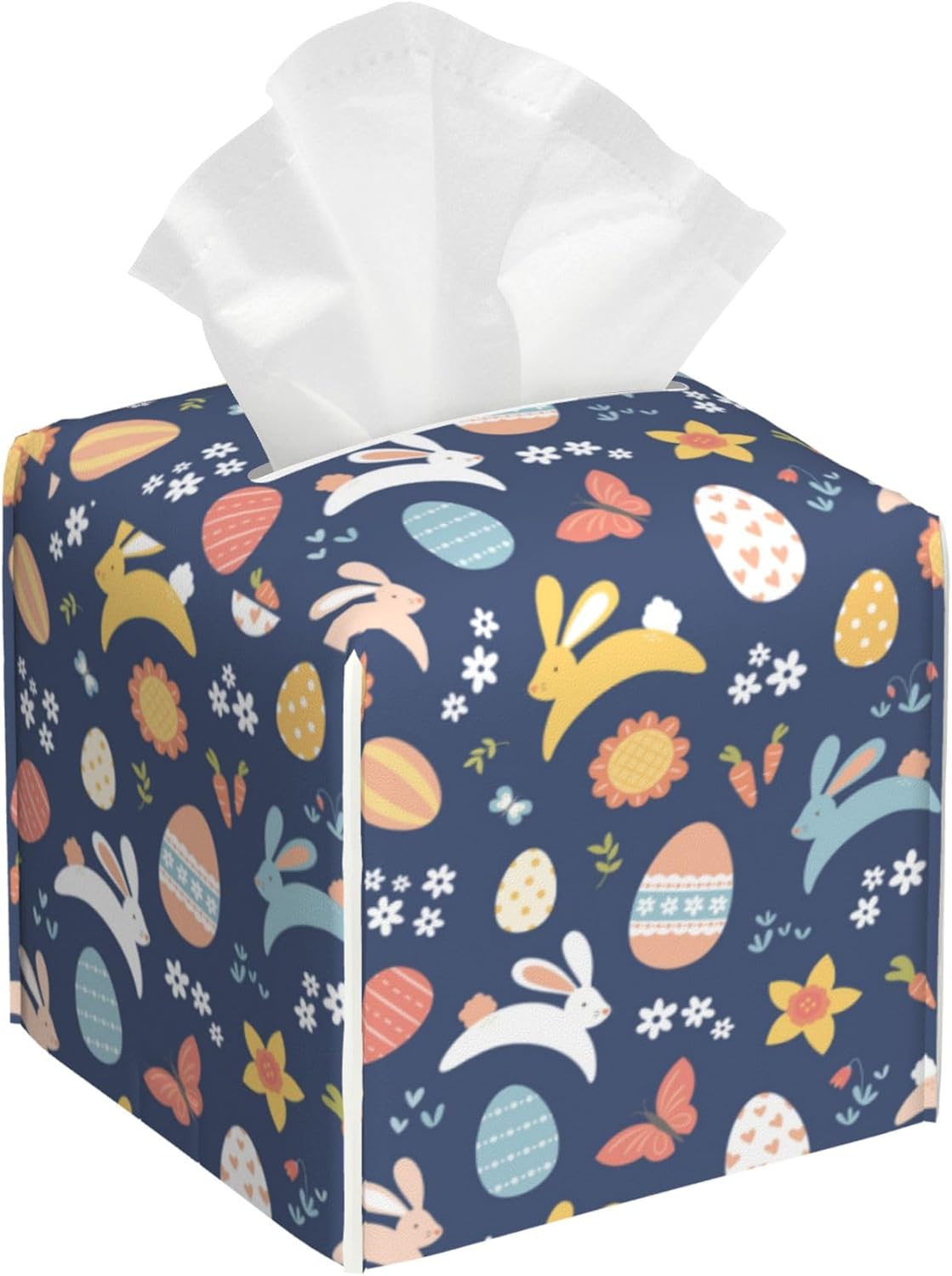 Tissue Box Cover Holder, Colorful Easter Bunnies Eggs and Flowers PU Leather Square Tissue Box Cover Decorative Organizer for Bathroom Kitchen Bedroom Vanity Countertop Night Stands