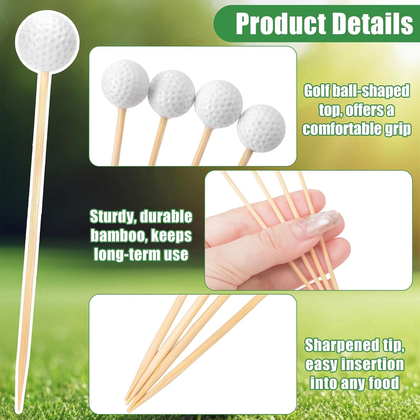 Aodaer 120 Pieces Golf Cocktail Picks, 4.72 Inch Golf-Themed Ball Toothpicks for Appetizers, Disposable Fruit Sandwich Bamboo Skewer Picks for Sports Party Decoration, Catered Events, Buffet Supplies