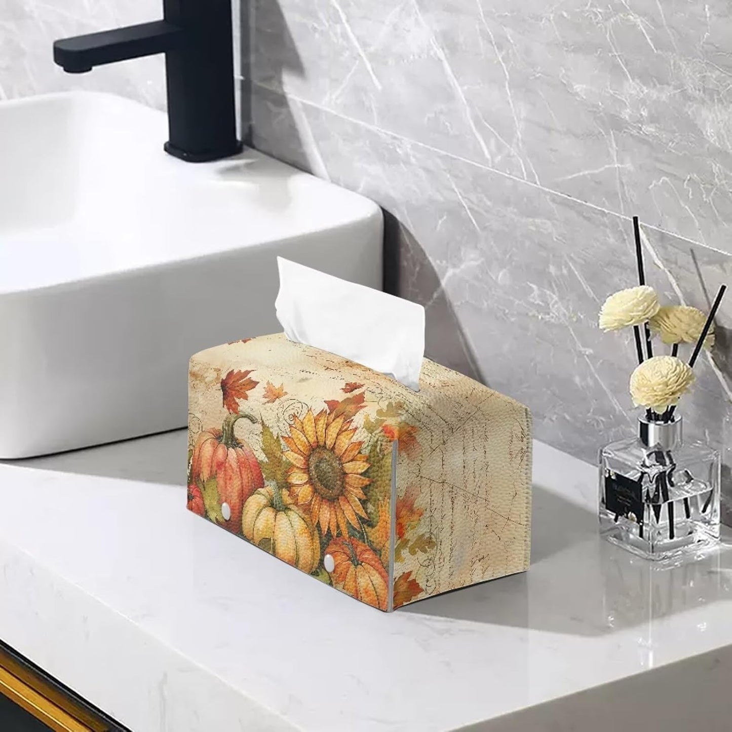 Sunflower Pumpkin Tissue Box Cover PU Leather Tissue Box Holder Thanksgiving Day Napkin Dispenser Rectangular PU Leather Protective Cover Modern Home Car Office Hotel Decor