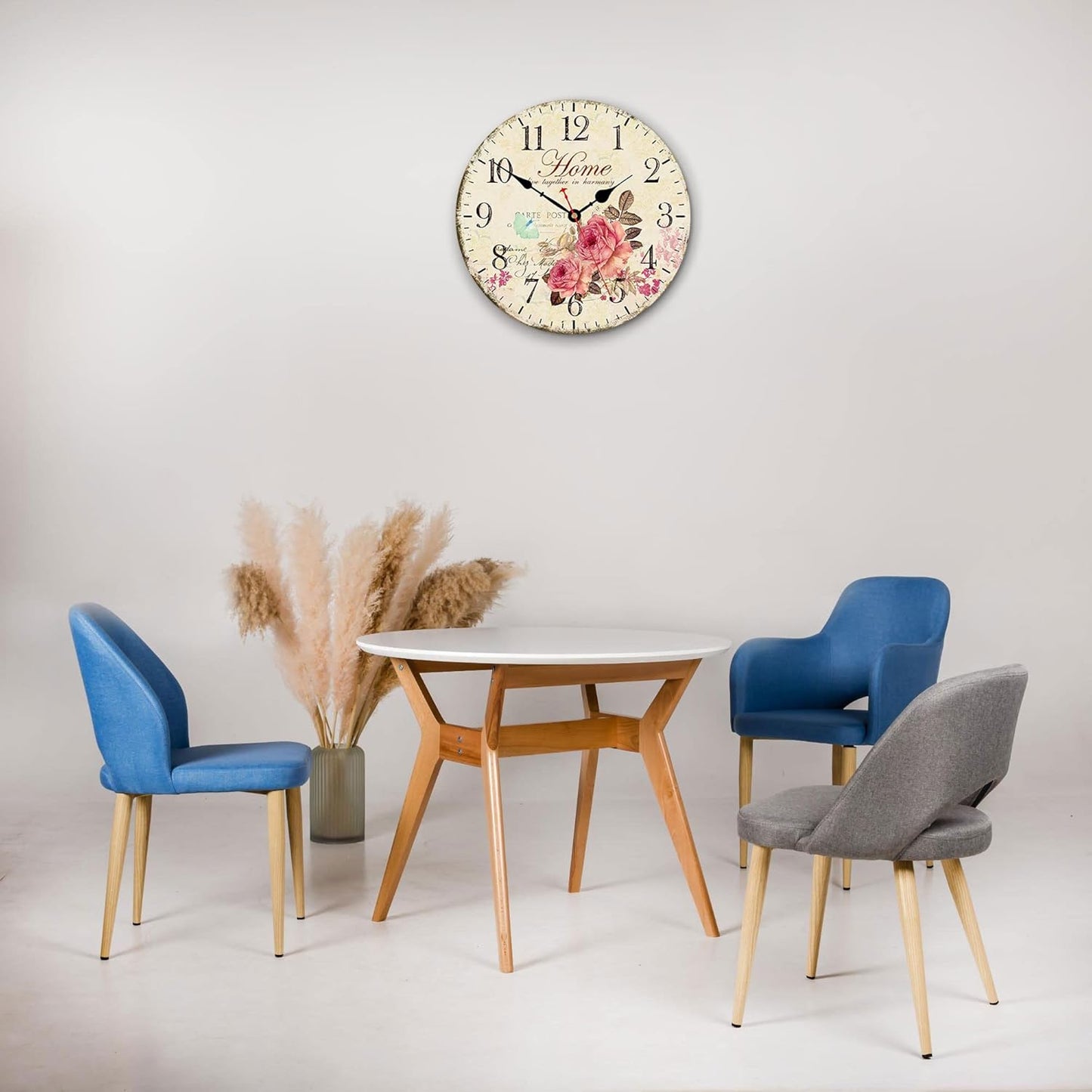 VIKMARI 14 Inch Wooden Wall Clock Art Hanging Clocks Silent Non-Ticking Wall Clock Battery Operated Round Home Flowers Style Arabic Numeral Decorative Wall Clocks