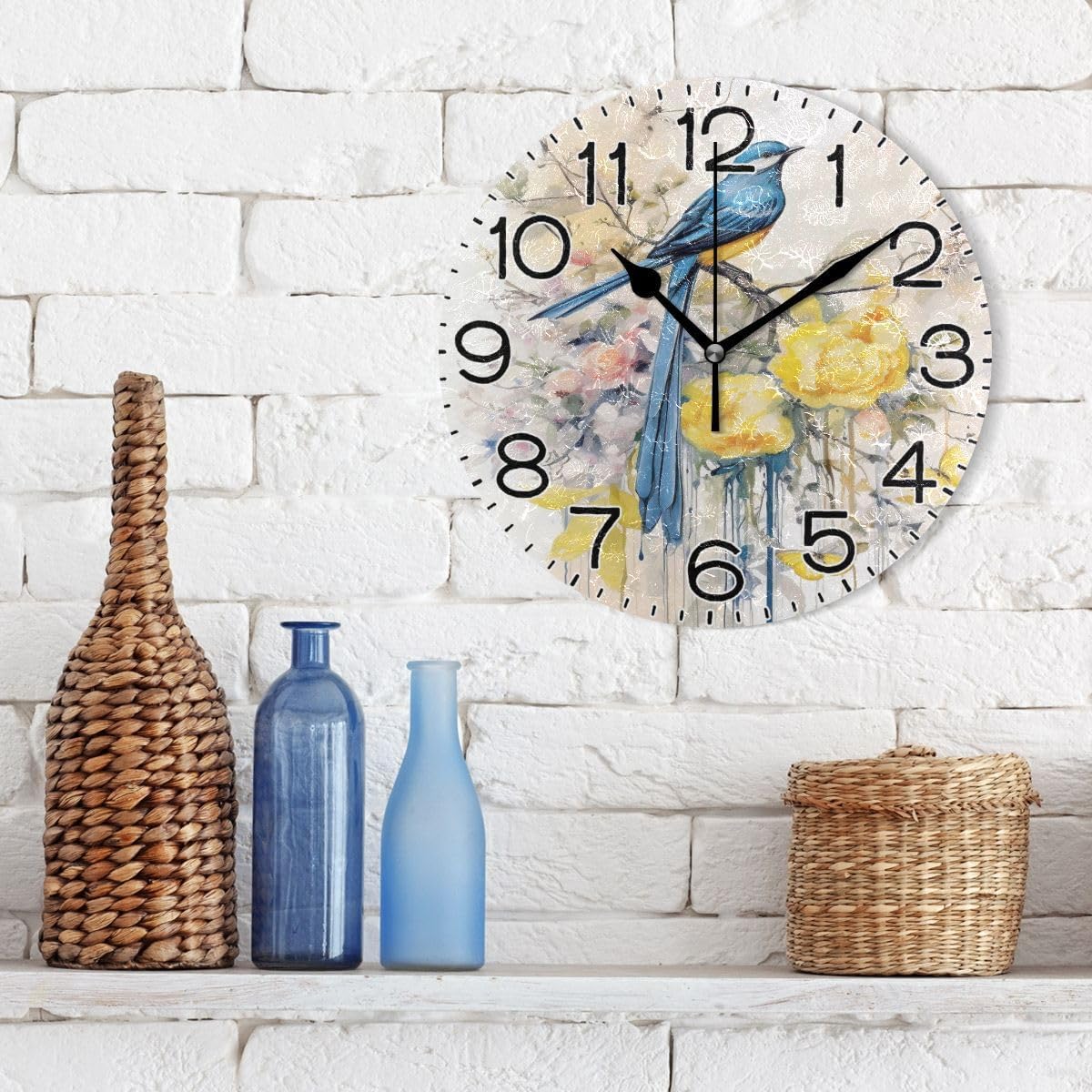 Spring Blue Bird with Yellow Flowers Butterflies Wall Clock Battery Operated Non Ticking Silent Quartz Analog Rustic Farmhouse Round Clock Retro Decor for Home Kitchen Living Room Bathroom