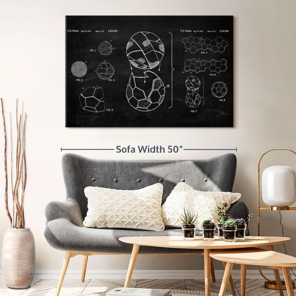 ElephantStock Soccer Ball BW Patent Canvas - 1 Panel Sports Patent Wall Art Decor - Sports Decorations for Boys Room - Wall Art and Office Decor - 48" X 32"