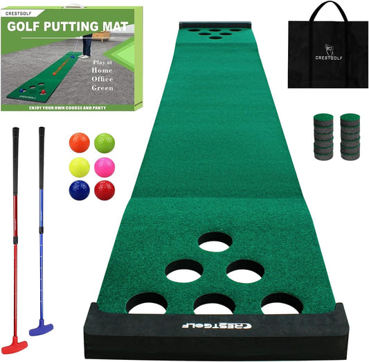 Crestgolf Mat Game Set Green Mat, Putting with 2 Adjustable Putters, 6 Golf Balls,12 Golf Hole Covers for Indoor&Outdoor Short Game Office Party Backyard Use