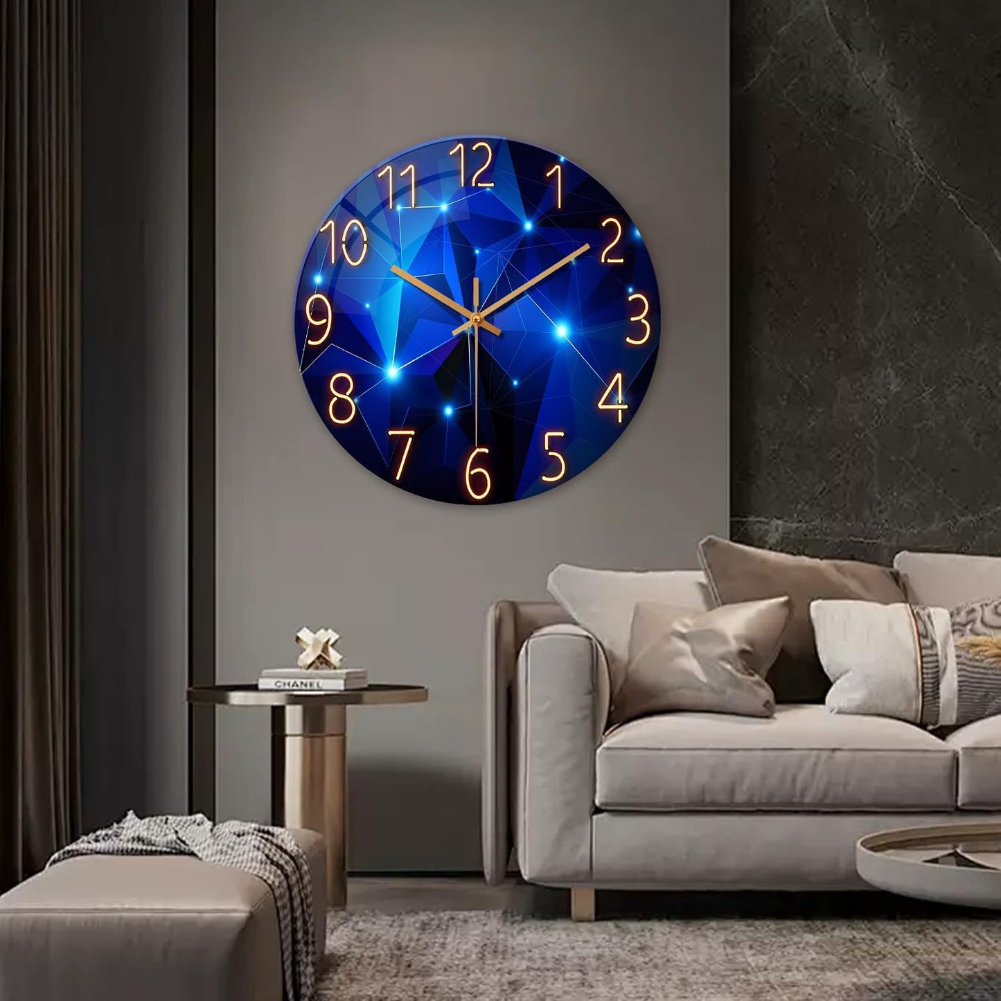 Extra Large Wall Clocks for Living Room Decor 24 Inch Glass Blue Clock Battery Operated Analog Silent Wall Clock Modern