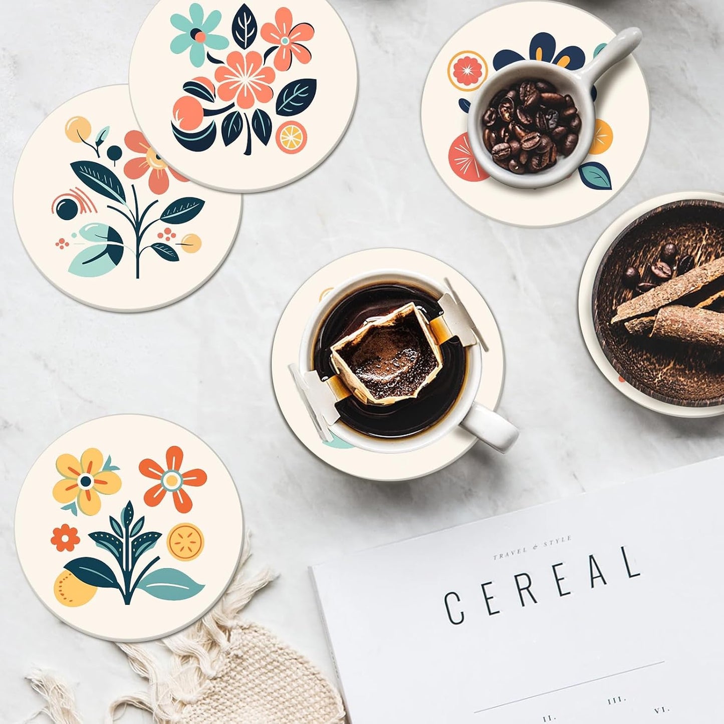 Boho Set of 6 Coasters for Drinks Absorbing Round Ceramic Stone Coaster with Cork Base,Tabletop Protection Mat for Mugs and Cups,Office,Kitchen (Boho Flower)