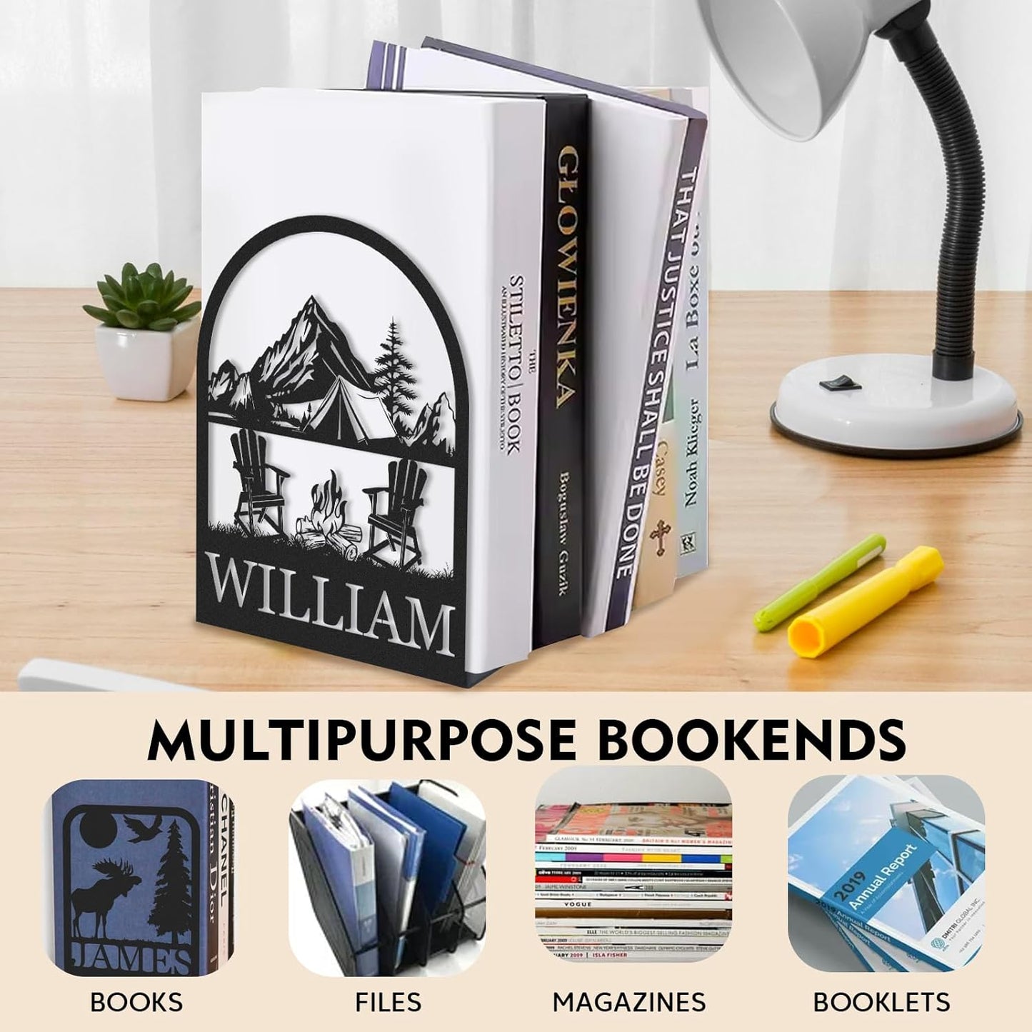 Personalized Name Metal Book Ends 2 Pcs, Modern Bookends for Shelves, Book Stopper for Heavy Books, Camping Bookshelf Decor, Book Organizer for Desk, Book Holders for Home Office, Gifts for Camper
