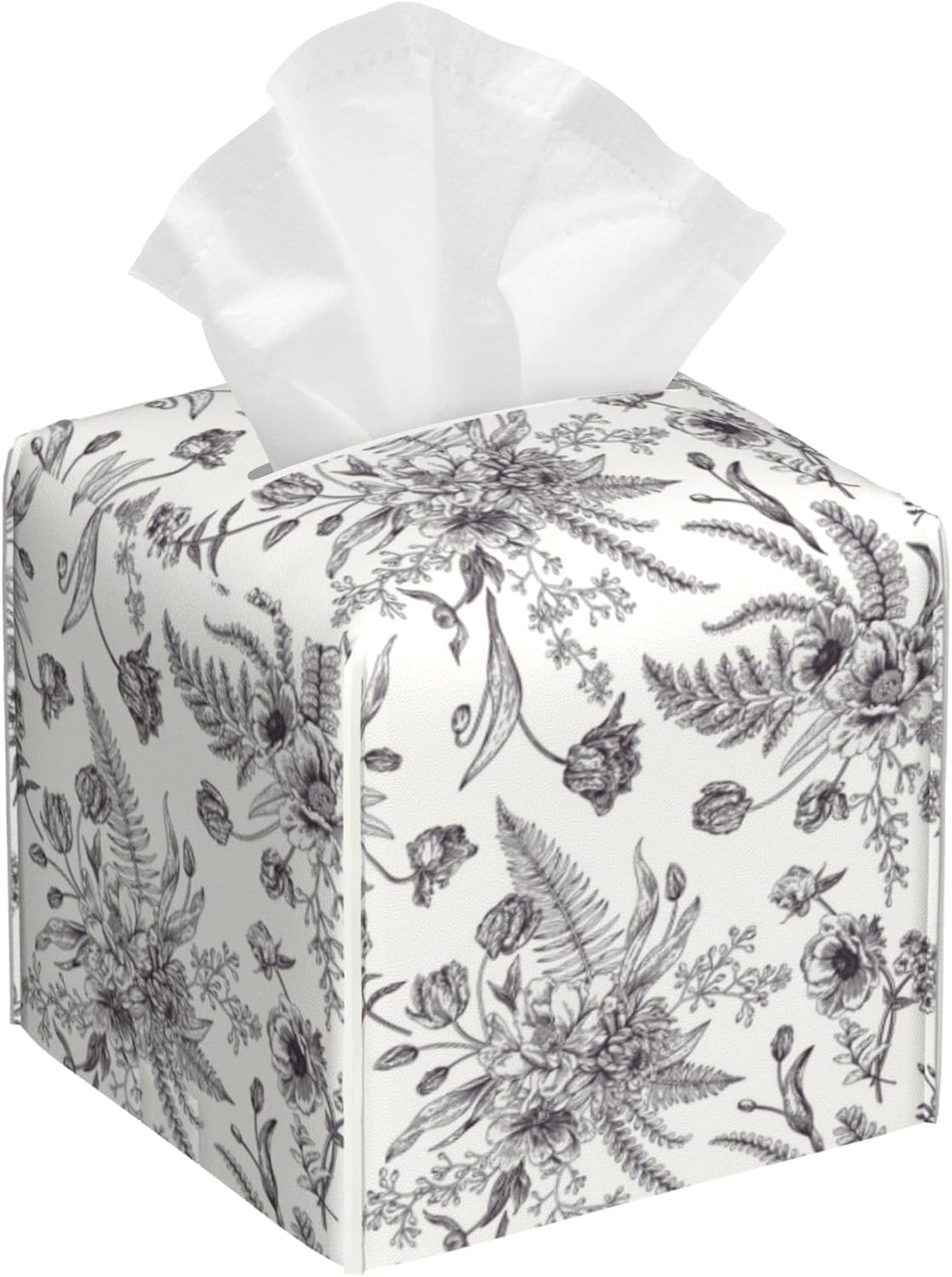 Black and White Flowers Tissue Box Cover Square,Vintage Floral Plant Leaves Tissue Box Holder Waterproof Leather Facial Paper Organizer Dispenser for Bathroom Home Car Nightstand Vanity Desk