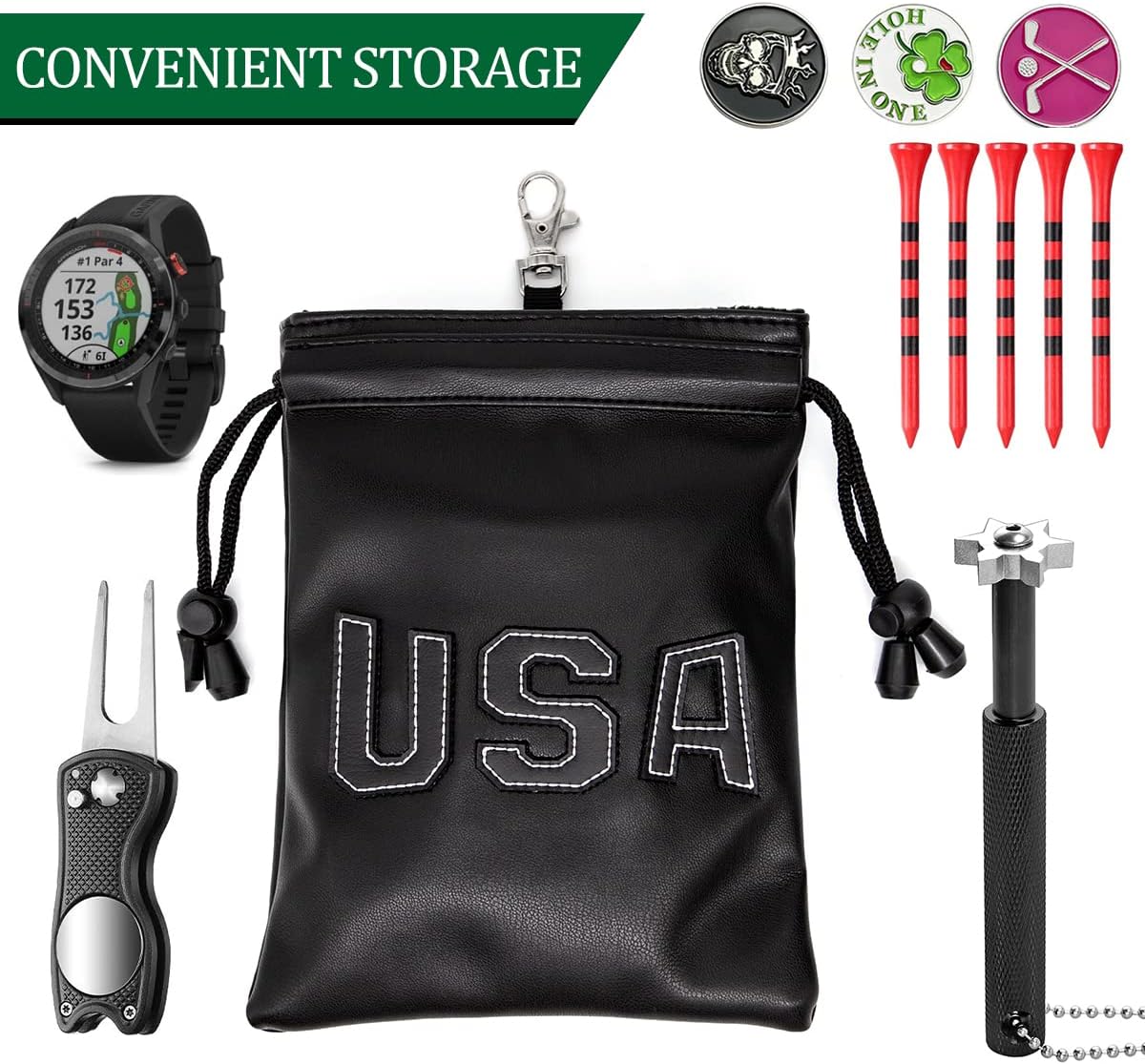 Leather Golf Tee Pouch with Drawstrings - Valuables Bag for Men & Women