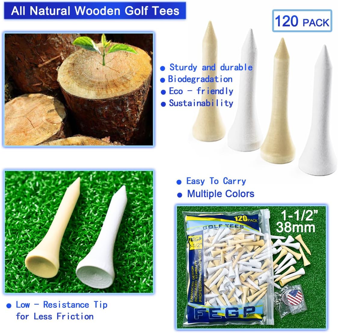 Wood Golf Tees Mix of Colours,1-1/2" Wooden Golf Tees,Short tees,with Low-Friction,Biodegradable,Design for Iron、Par Threes 、Hybrids,Golf Tees Wood 11/2 Inch-120 Pack+1 Set Magnetic Ball Marker