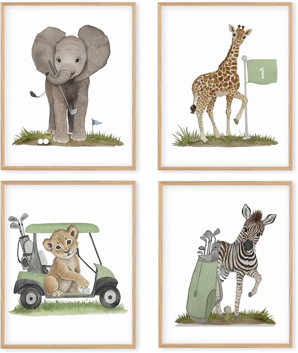 Boat Wades Retro Animal Golf Course Wall Art Prints Set of 4, Golf Nursery Decor, Elephant Giraffe Lion Zebra Golfer Posters Pictures Wall Decor for Home Office Kids Room Playroom, 8x10 Unframed