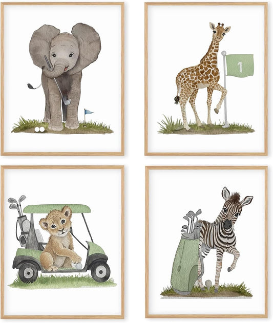Boat Wades Retro Animal Golf Course Wall Art Prints Set of 4, Golf Nursery Decor, Elephant Giraffe Lion Zebra Golfer Posters Pictures Wall Decor for Home Office Kids Room Playroom, 8x10 Unframed