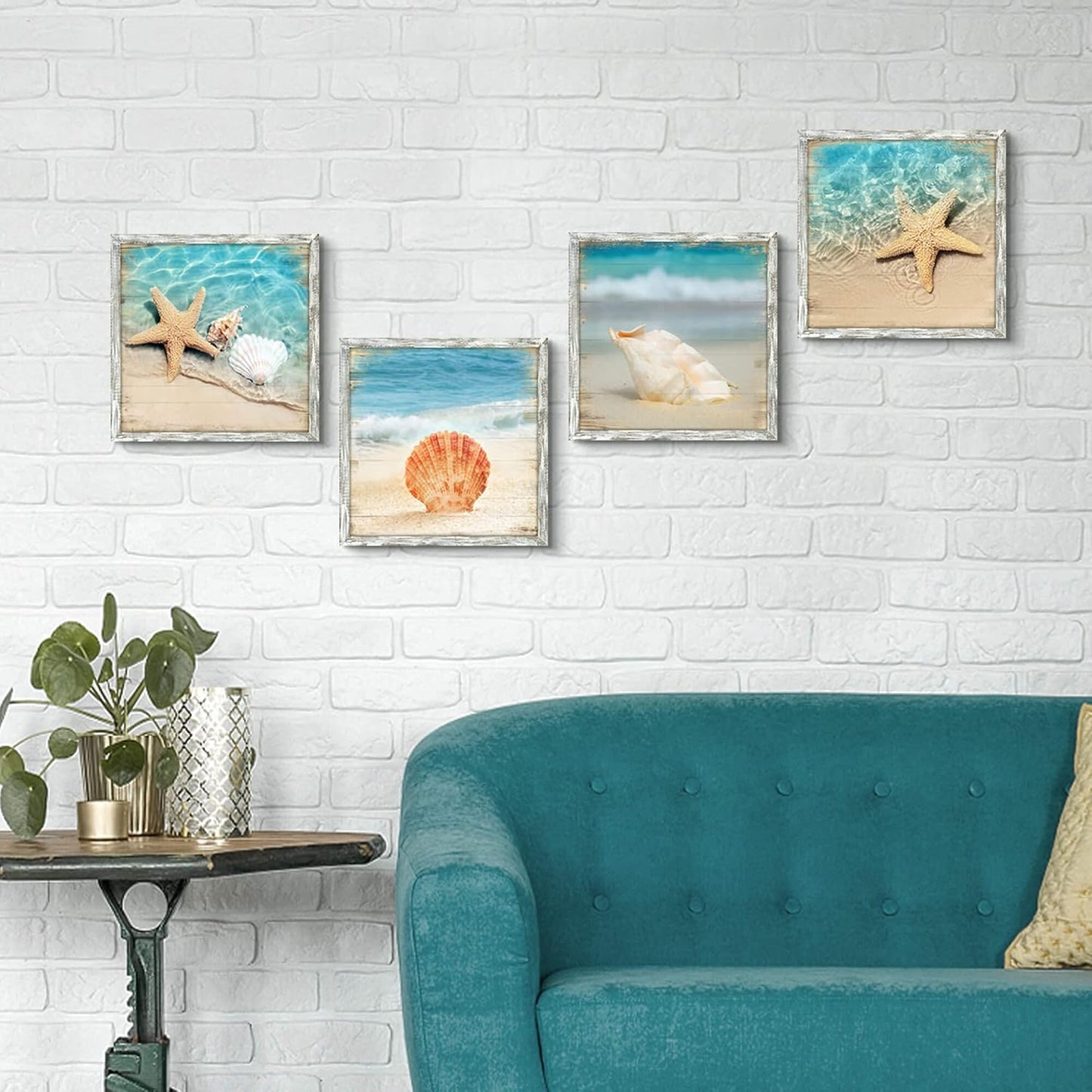 Beach Pictures Framed Wall Art: Seascape Artwork Set of 4 Seashell & Starfish Pictures Prints on Wood Ocean Wall Decor for Bedroom