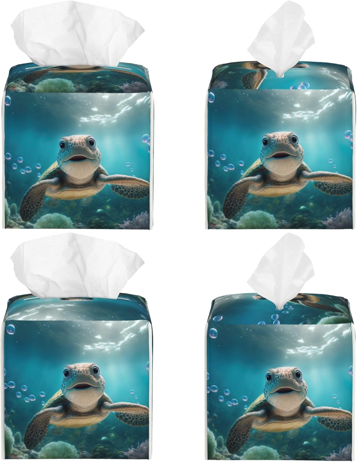 Cute Sea Turtle Tissue Box Cover Square, Blue Ocean Turtle Tissue Box Holder Waterproof Leather Facial Paper Organizer Dispenser for Bathroom Home Car Nightstand Vanity Desk