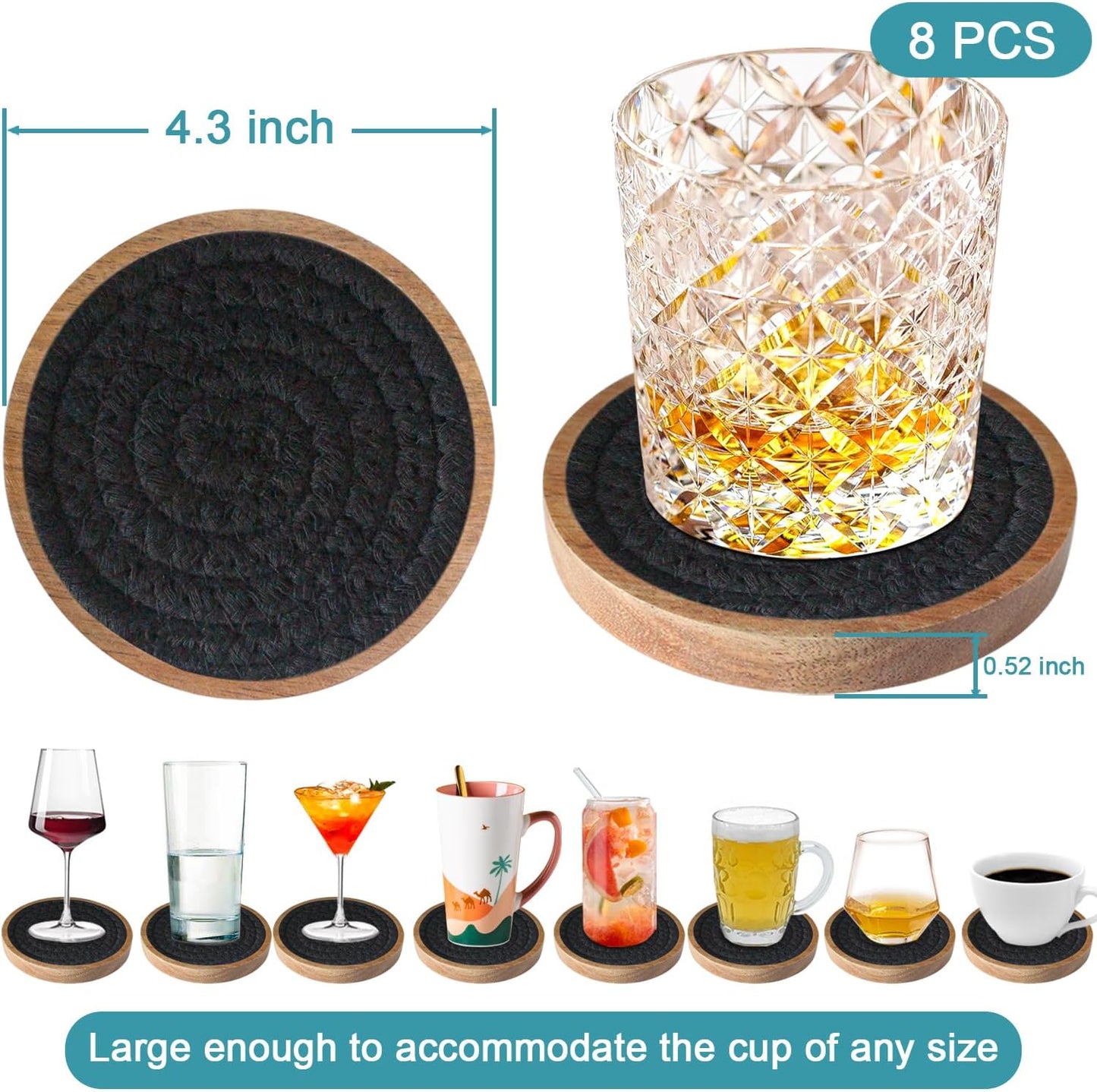Wood Coasters for Drinks, Absorbent Coaster Sets of 8, Woven Drink Coasters for Coffee Table, Housewarming Gift for Farmhouse Home Decor,4.3 inches Black