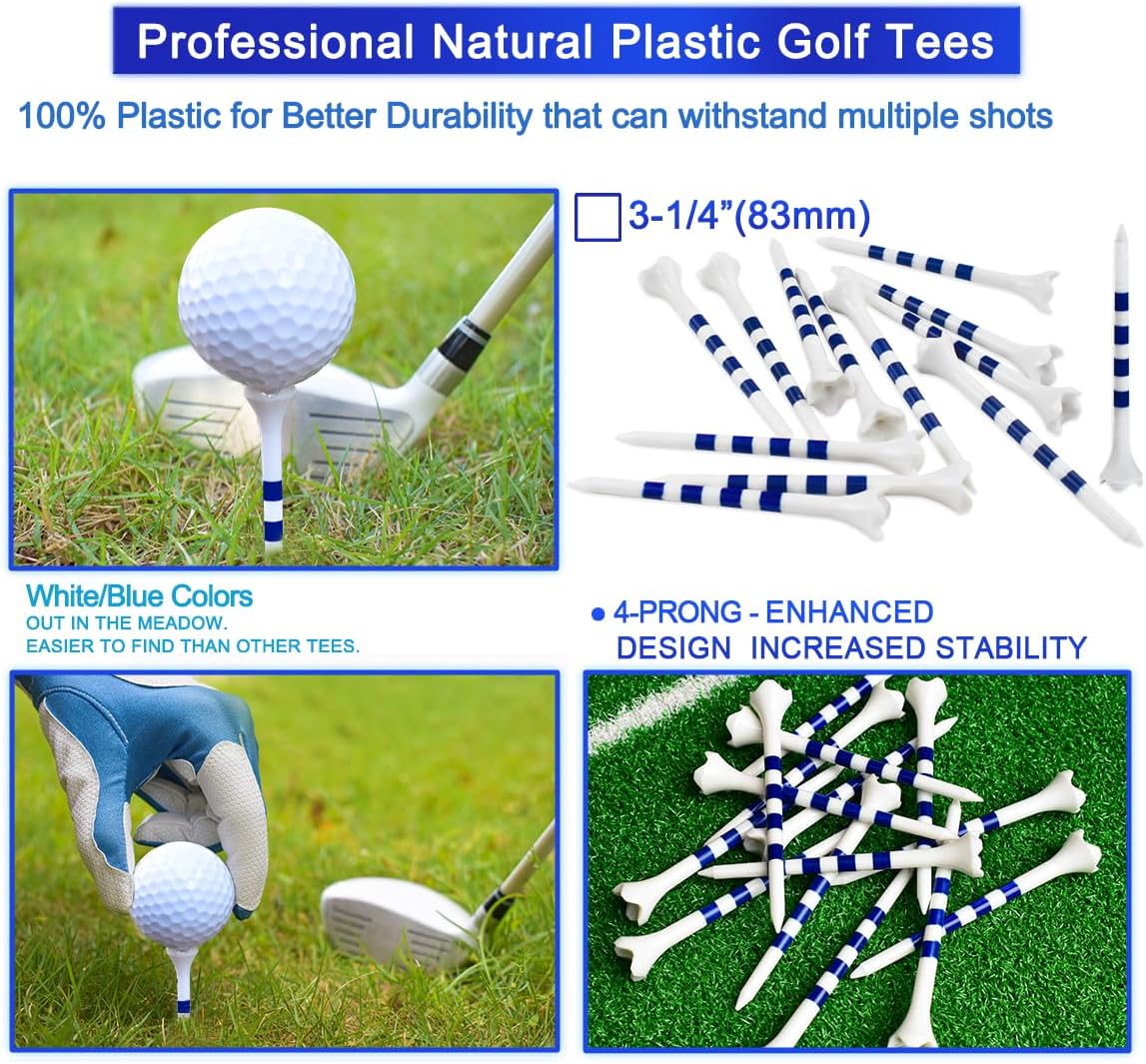 Golf Tees3 1/4" -100 Pack, Plastic Golf tees 3 1/4 inch 4-Prong Long Plastic Tees – Reduce Friction&Side Spin,Enhanced Durability & Stability,Also able to Work with a Variety of Drivers, hybrids.