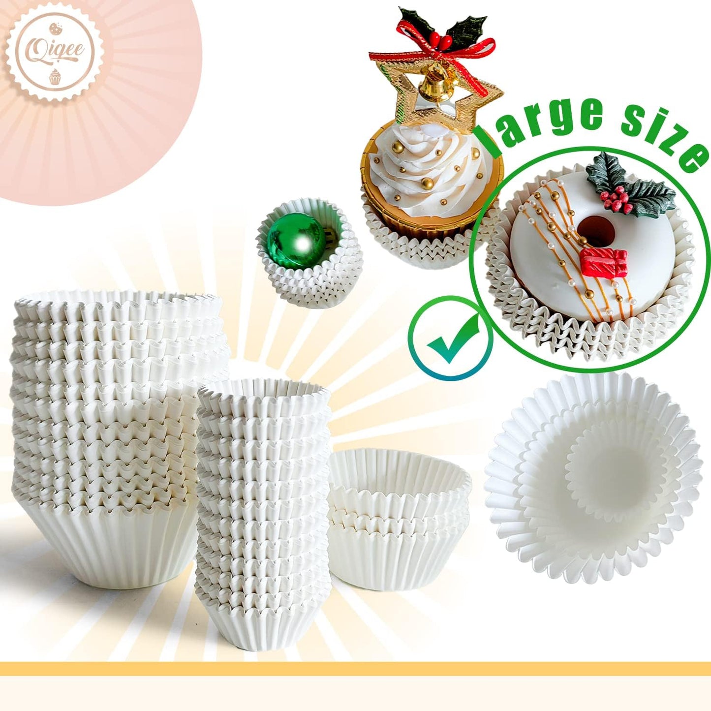qiqee 300 Count Jumbo Cupcake Liners White Muffin Liners Food Grade Baking Cups Paper No Smells（Large Size）