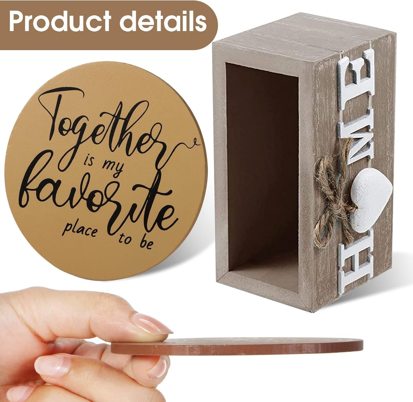 Queekay Housewarming Gifts for Home Decoration Wooden Heart Coasters for Drinks 6 Set Farmhouse Coasters with Holder Funny for Family Coffee Table Protection, 4''(Brown)