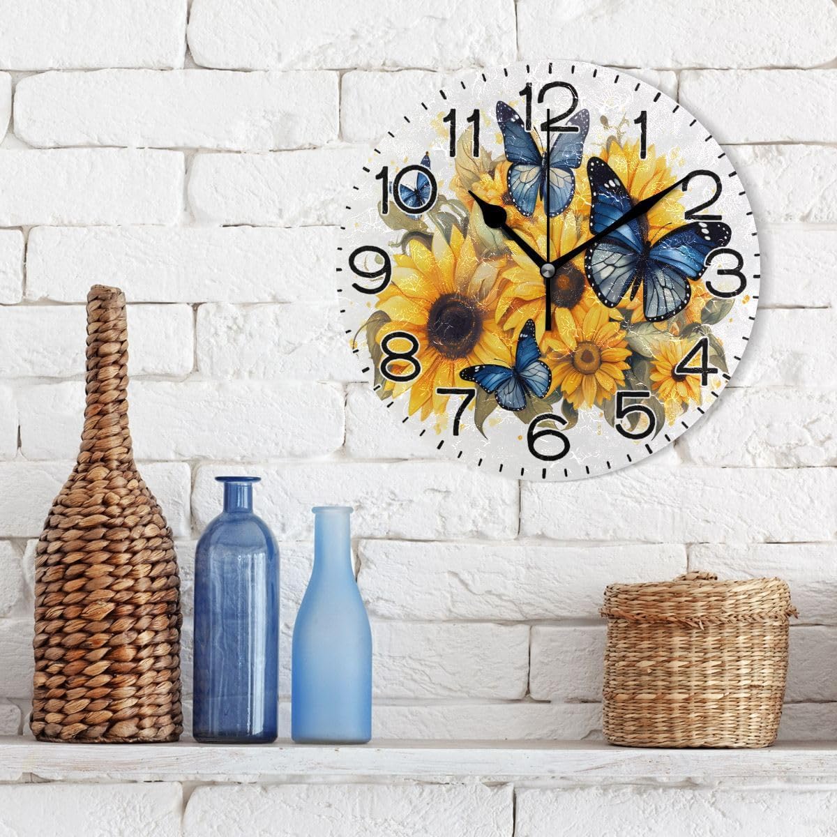 Blue Butterflies Yellow Sunflowers Wall Clock Battery Operated Non Ticking Silent Quartz Analog Rustic Farmhouse Round Clock Retro Decor for Home Kitchen Living Room Bathroom