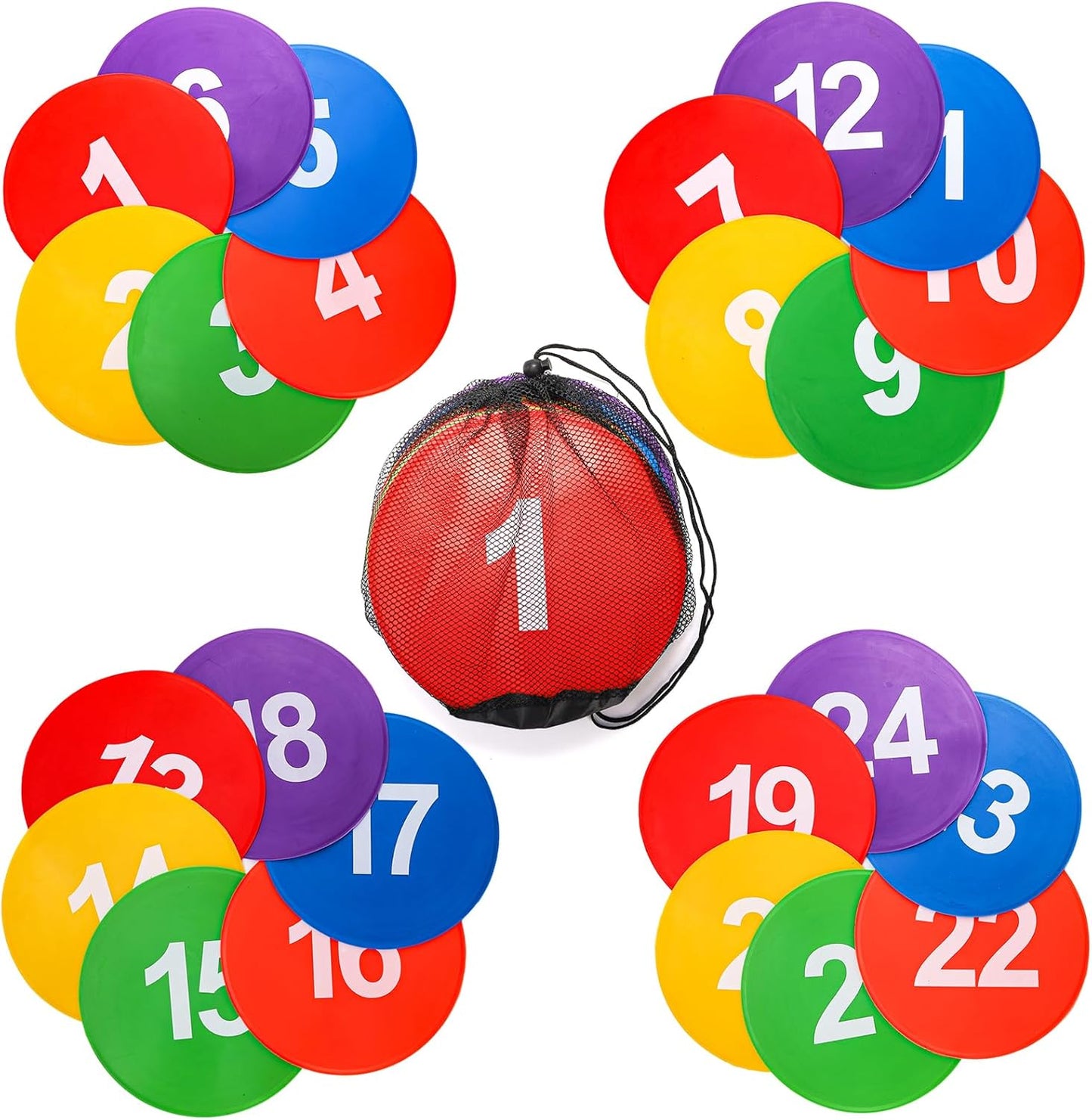 Okllen 24 Pack Poly Vinyl Spot Markers, 9 Inch Floor Dots Non-Slip Rubber Agility Dots, Flat Field Cones Circles for Training, Exercise Drills, Gym, Football, Basketball, 6 Colors