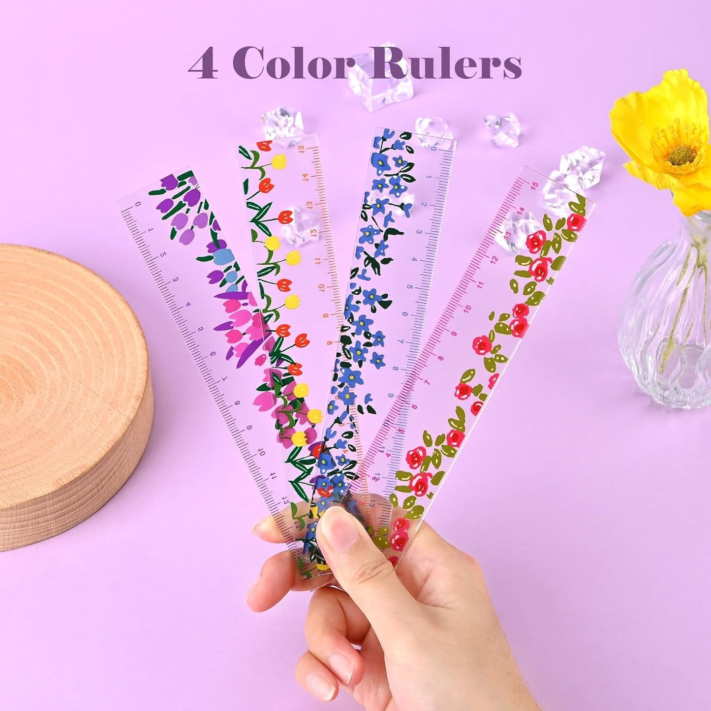 BAYTORY 4 Pcs Plastic Rulers 15 CM, Small Ruler, Measuring Drafting Tools, Acrylic Rulers with Centimeters for School Home Office (Flower)