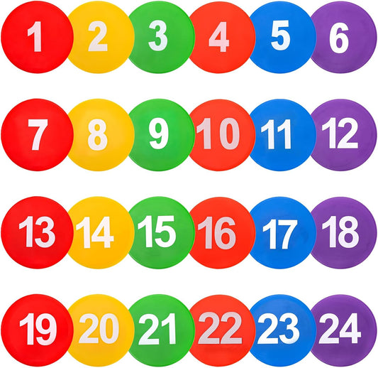 Okllen 24 Pack Poly Vinyl Spot Markers, 9 Inch Floor Dots Non-Slip Rubber Agility Dots, Flat Field Cones Circles for Training, Exercise Drills, Gym, Football, Basketball, 6 Colors