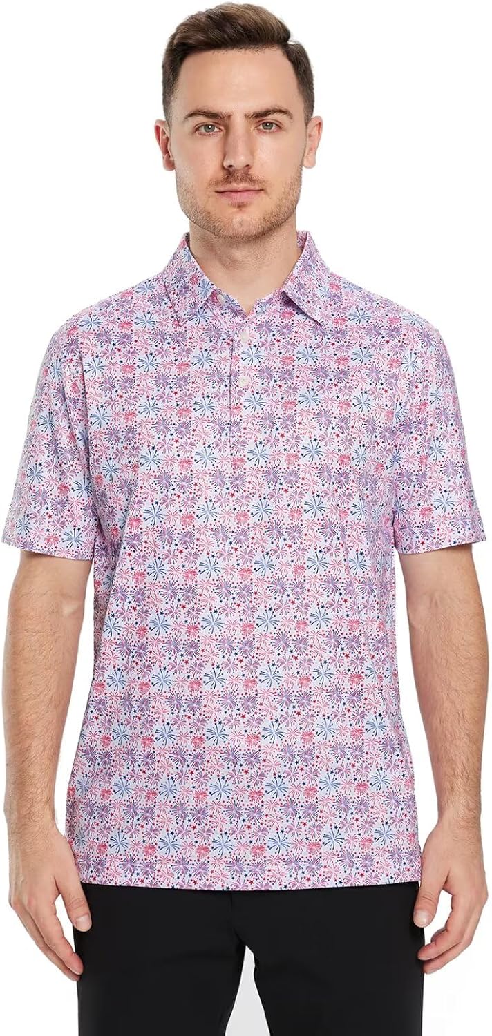 Golf Shirts for Men Dry Fit Short Sleeve Print Performance Moisture Wicking Polo Shirt